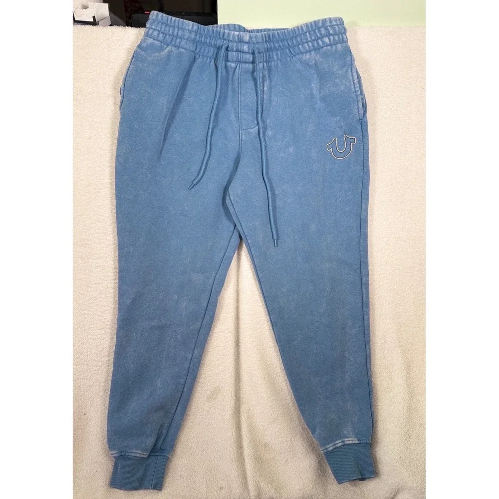 True Religion Mens HS Jogger Washed Blue Mineral Horseshoe Logo Sweatpants Sz. M